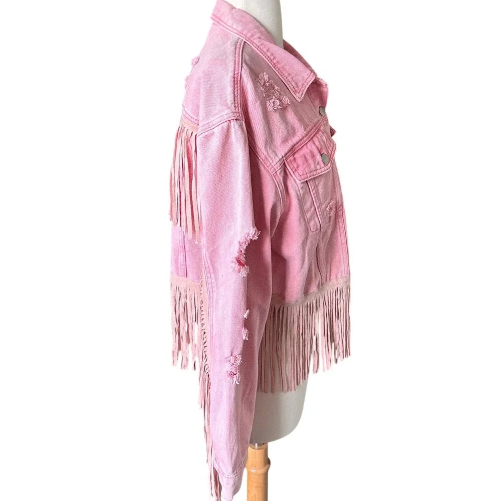 Cropped Pink Distressed Fringe Denim Jean Jacket L Western Cowgirl Festival